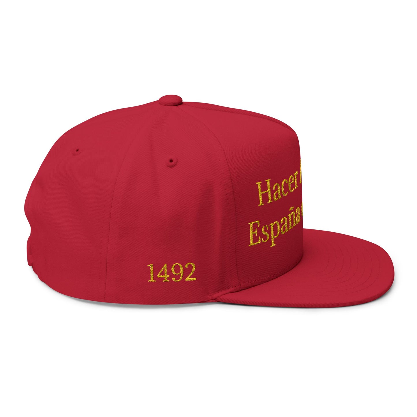 Embroidered Flat Bill Cap — "Hacer América España de Nuevo" (Red & Gold)