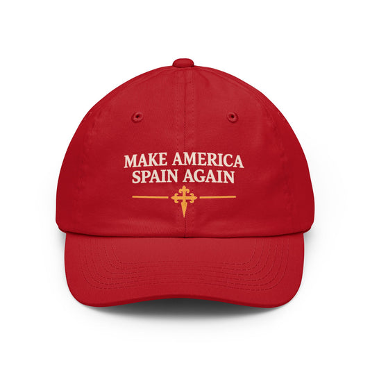 Make America Spain Again red embroidered dad hat, front view