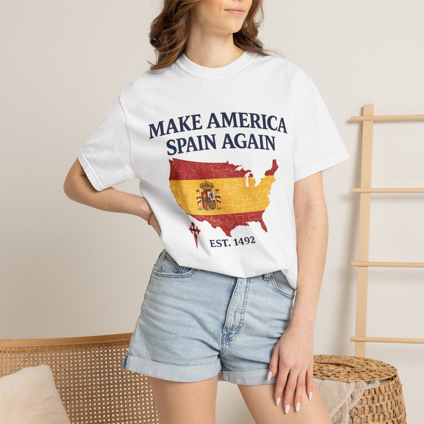 Make America Spain Again T-Shirt — Spanish Flag USA Map Tee (Est. 1492)