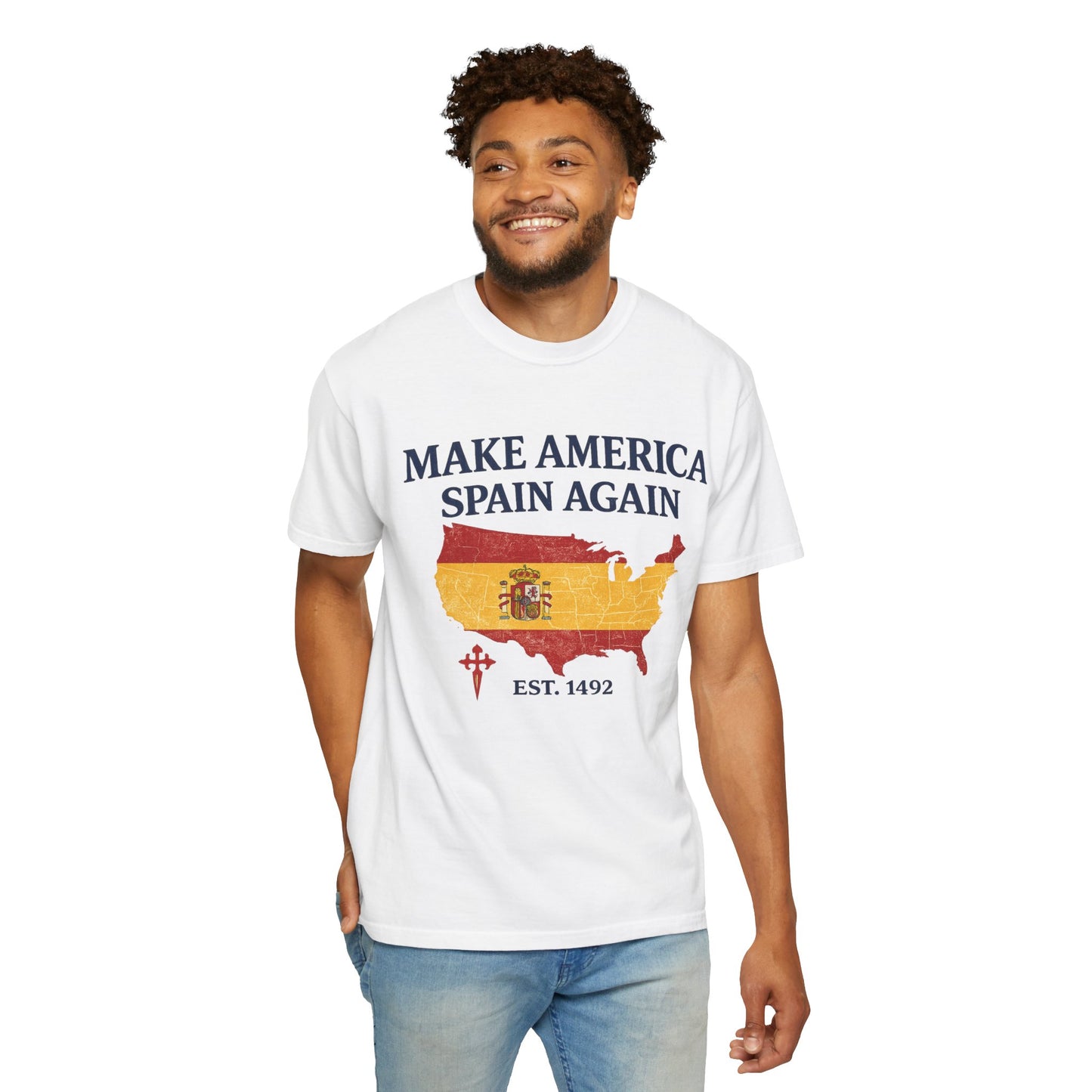 Make America Spain Again T-Shirt — Spanish Flag USA Map Tee (Est. 1492)